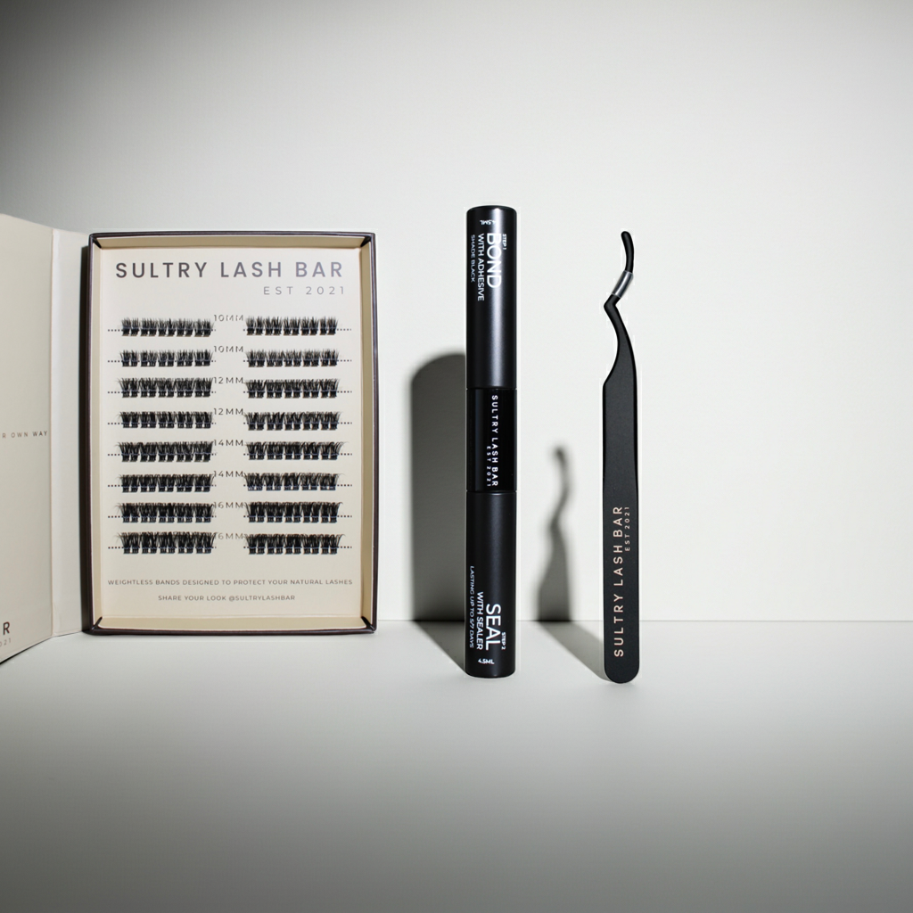 Sultry Lash Bar eyelash extension set with tools on a white background