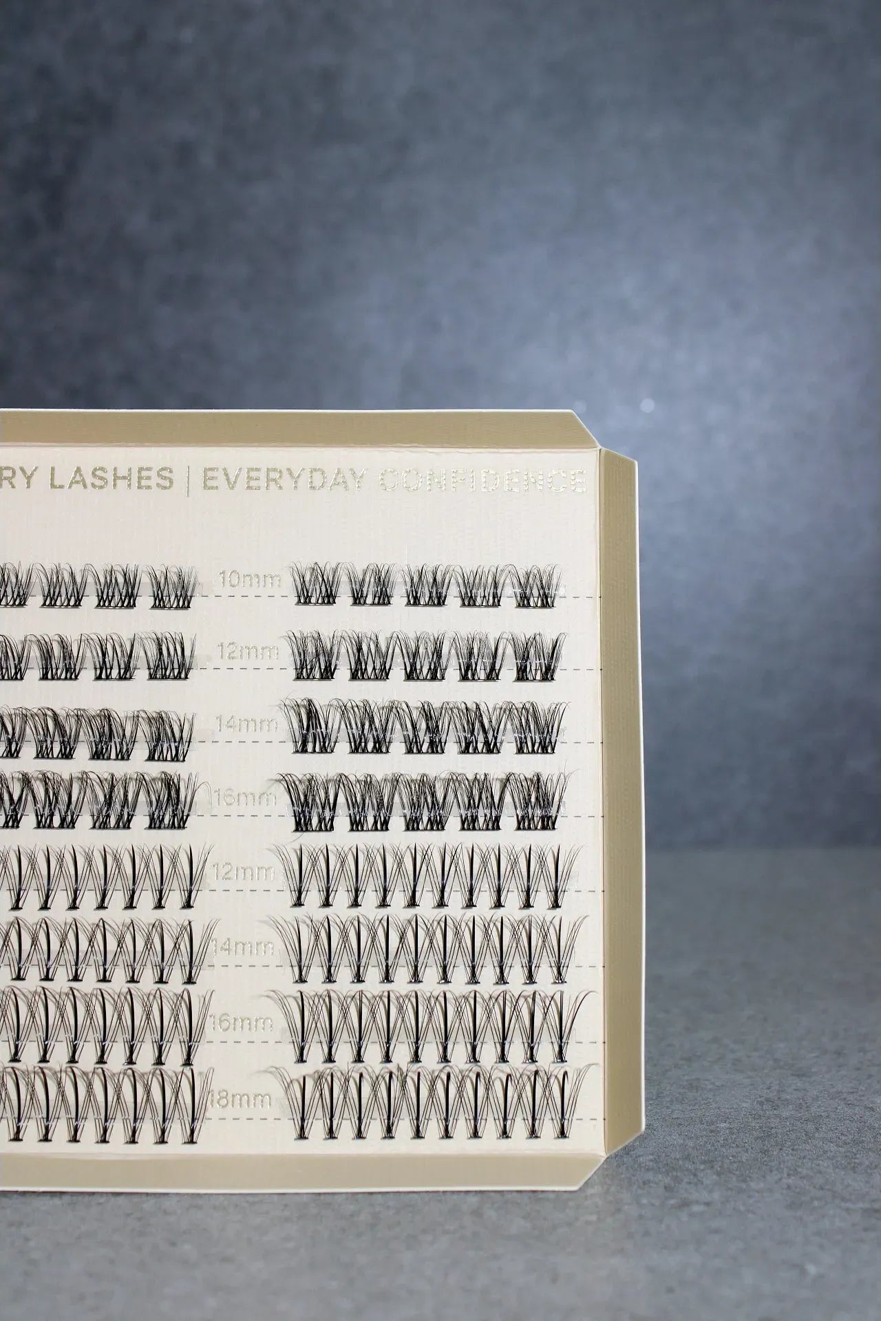 Eyelash extension tray with multiple rows of lashes on a gray background