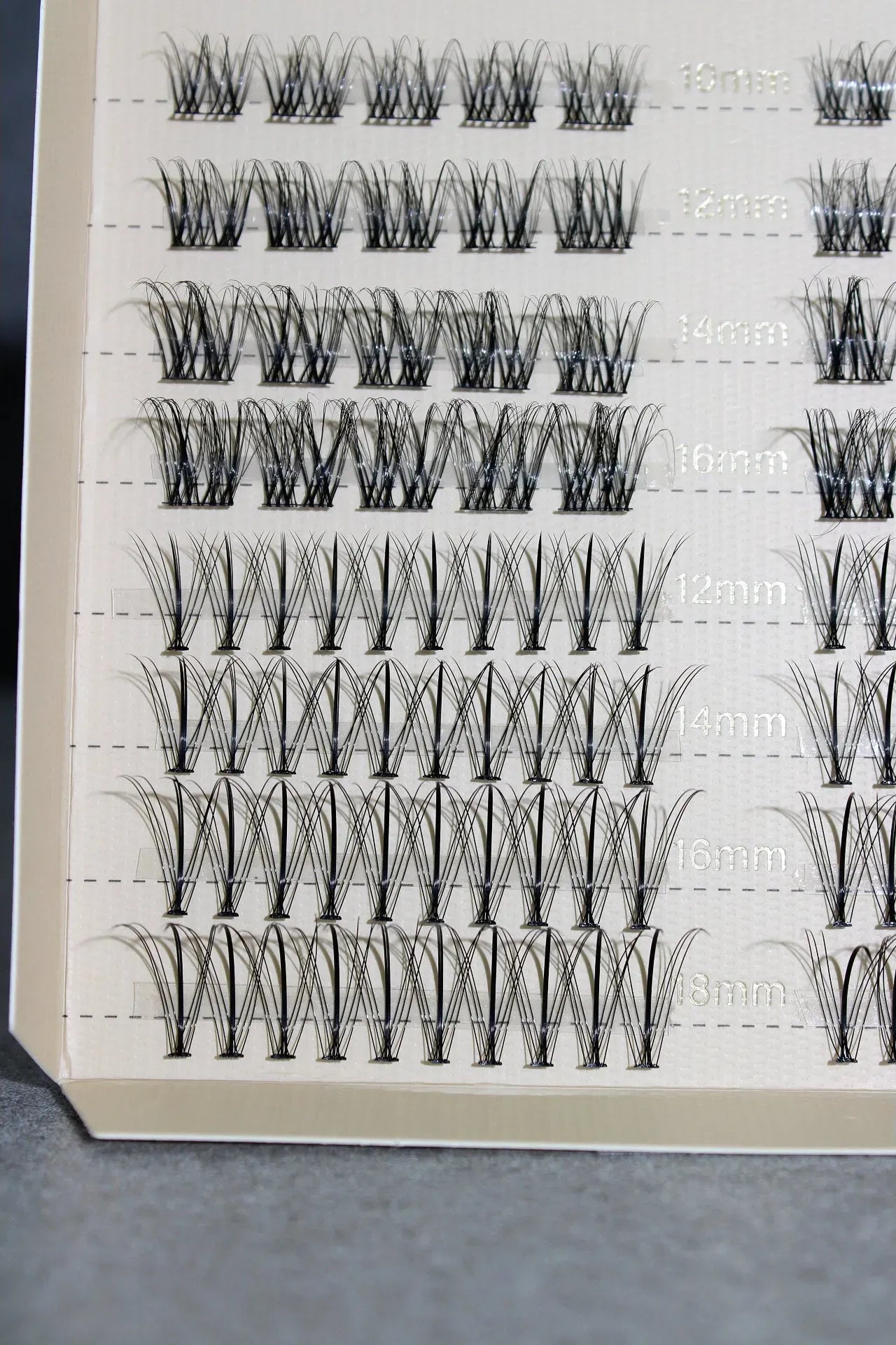 Eyelash extension tray with various styles on a gray background