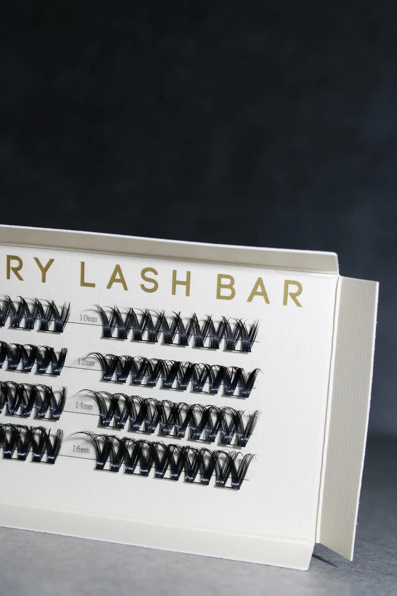Eyelash extension tray with 'Sultry Lash Bar' branding on a dark background