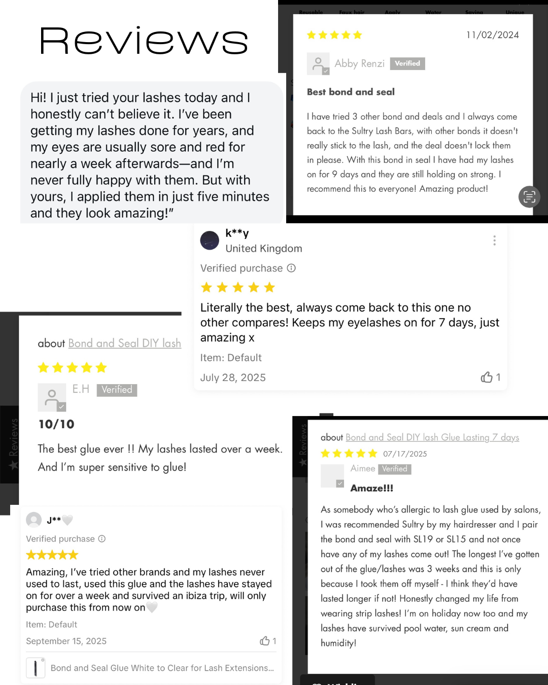 Product reviews for Bond and Seal eyelash glue on a website