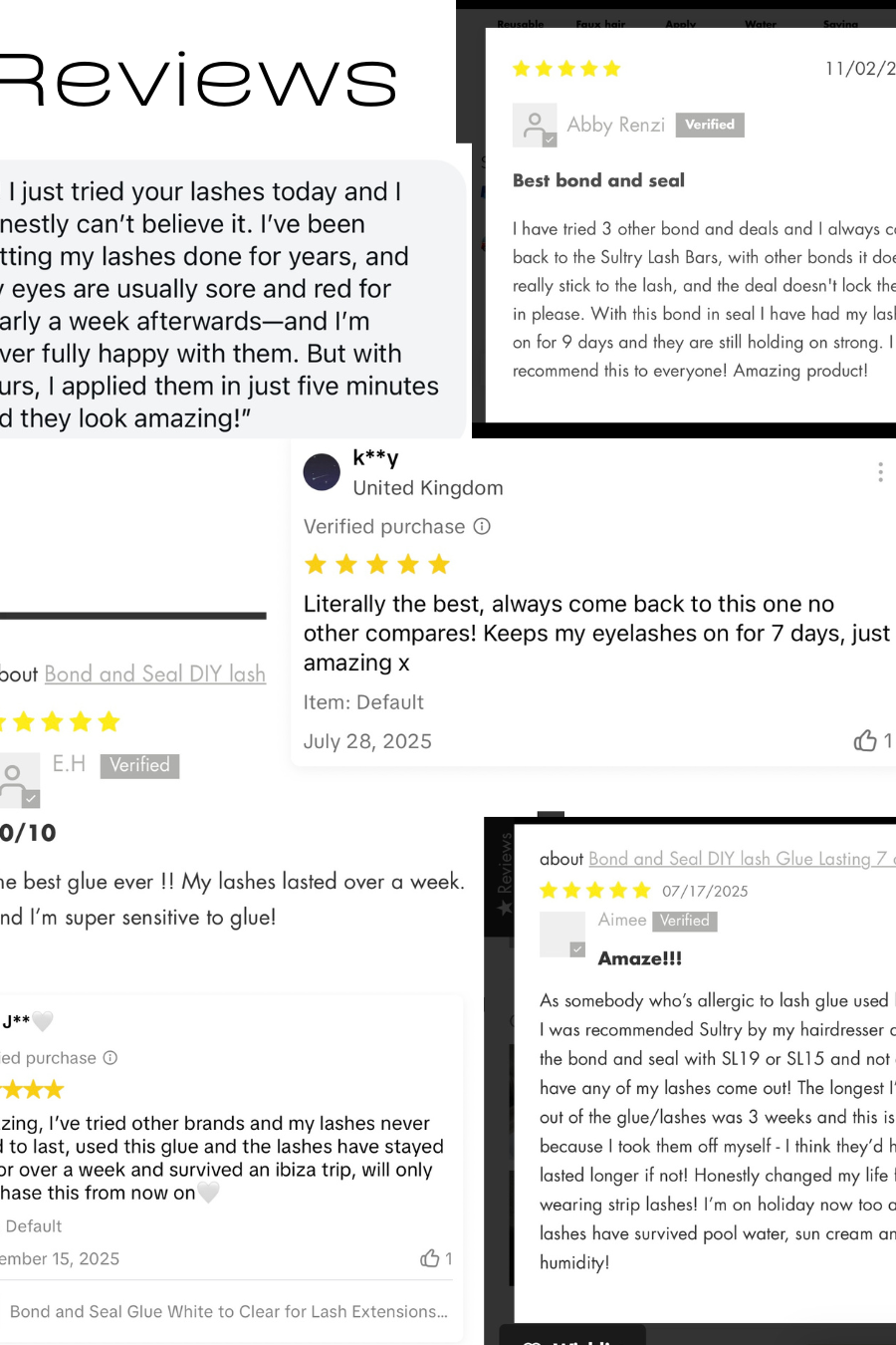 Product reviews for Bond and Seal eyelash glue on a website