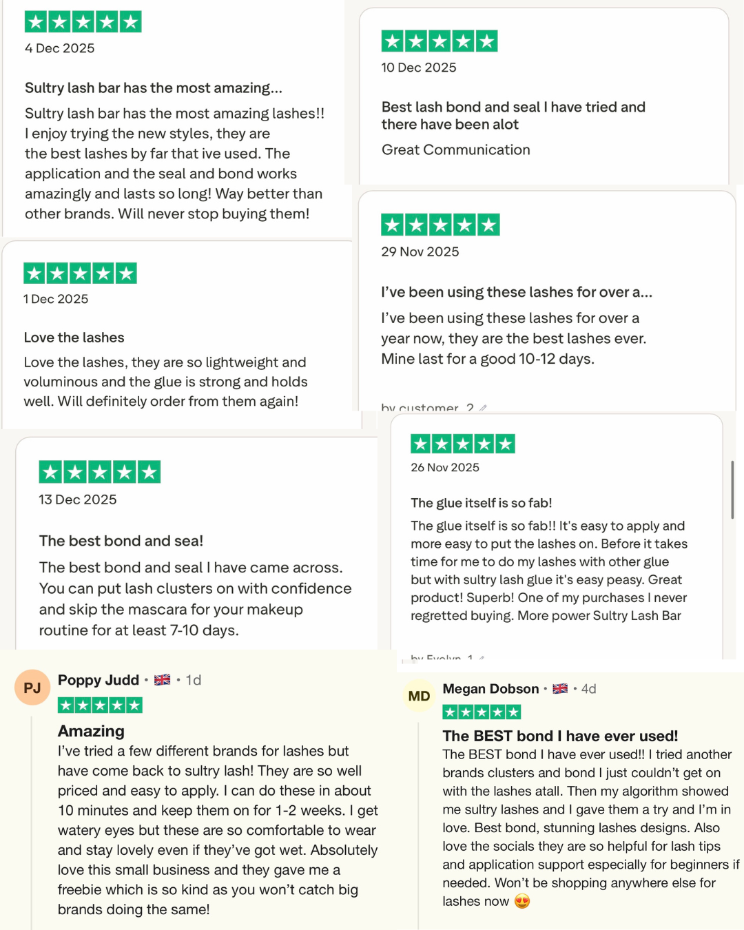 Reviews of a lash product with star ratings and text on a white background