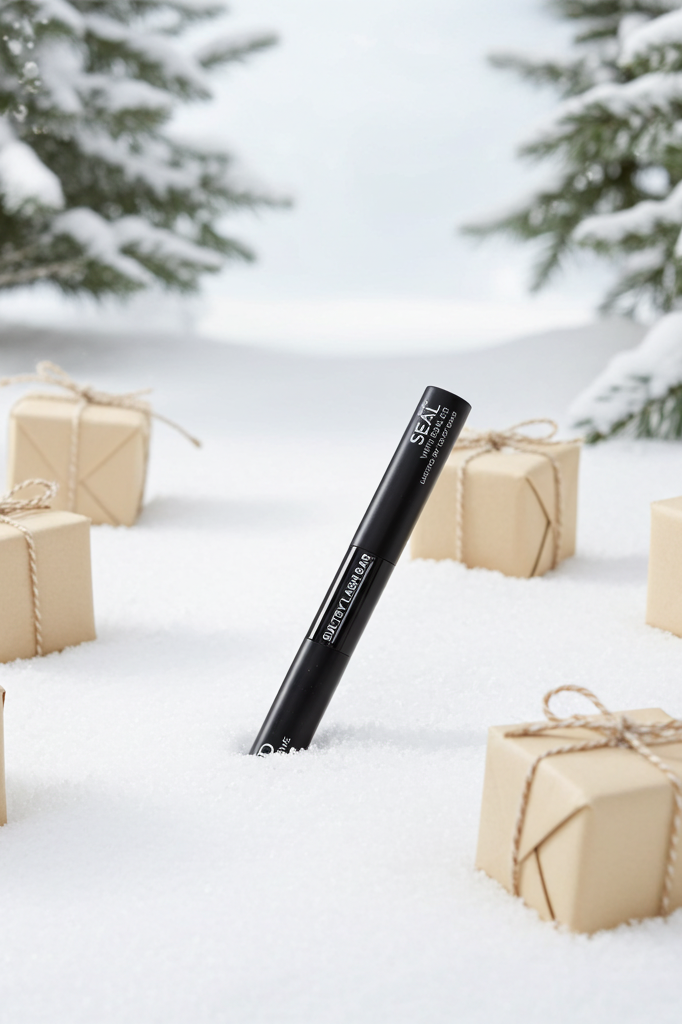 Black lash glue with 'Sato' branding on a snowy background with gift boxes.