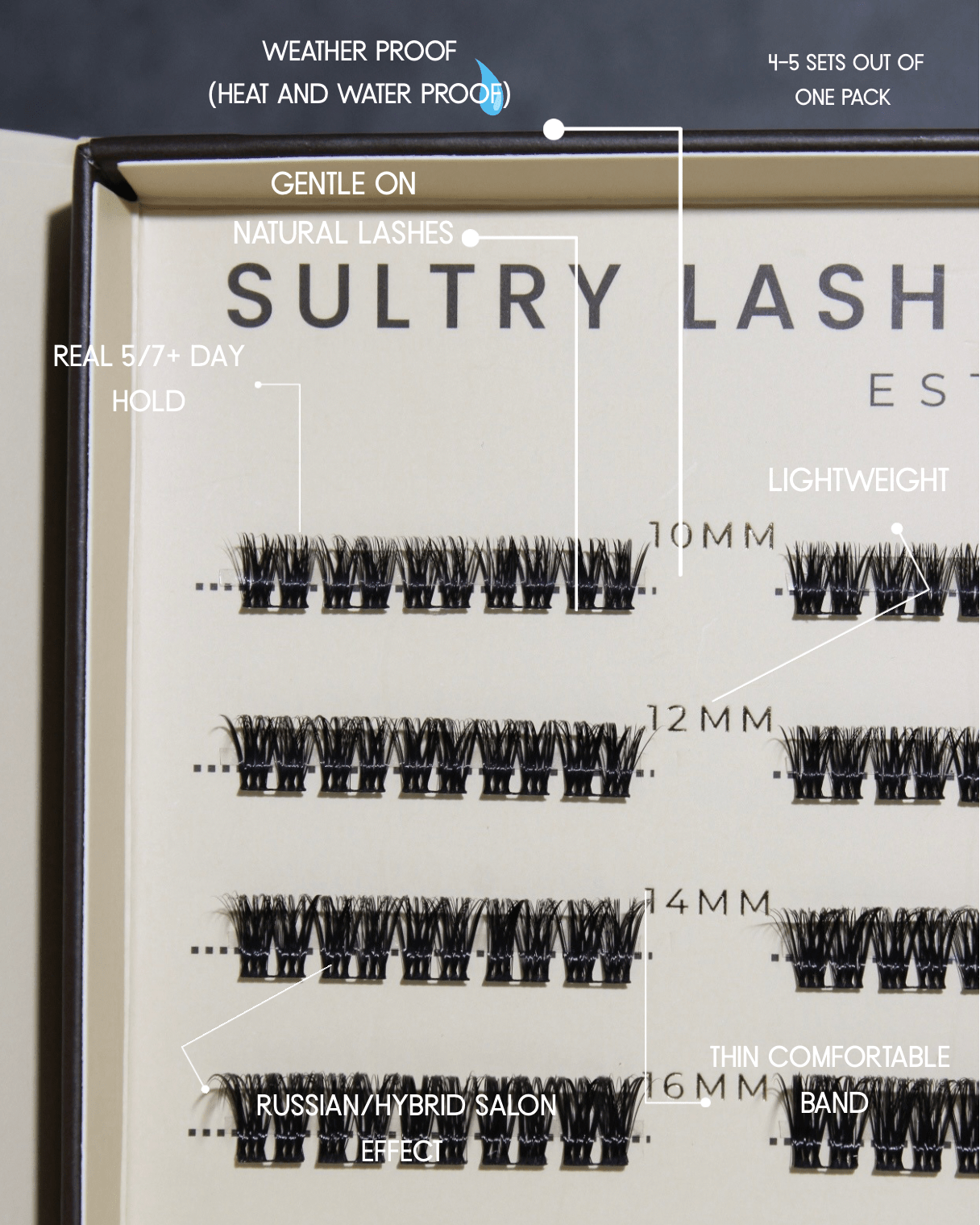 Sultry Lash product packaging with specifications on a white background