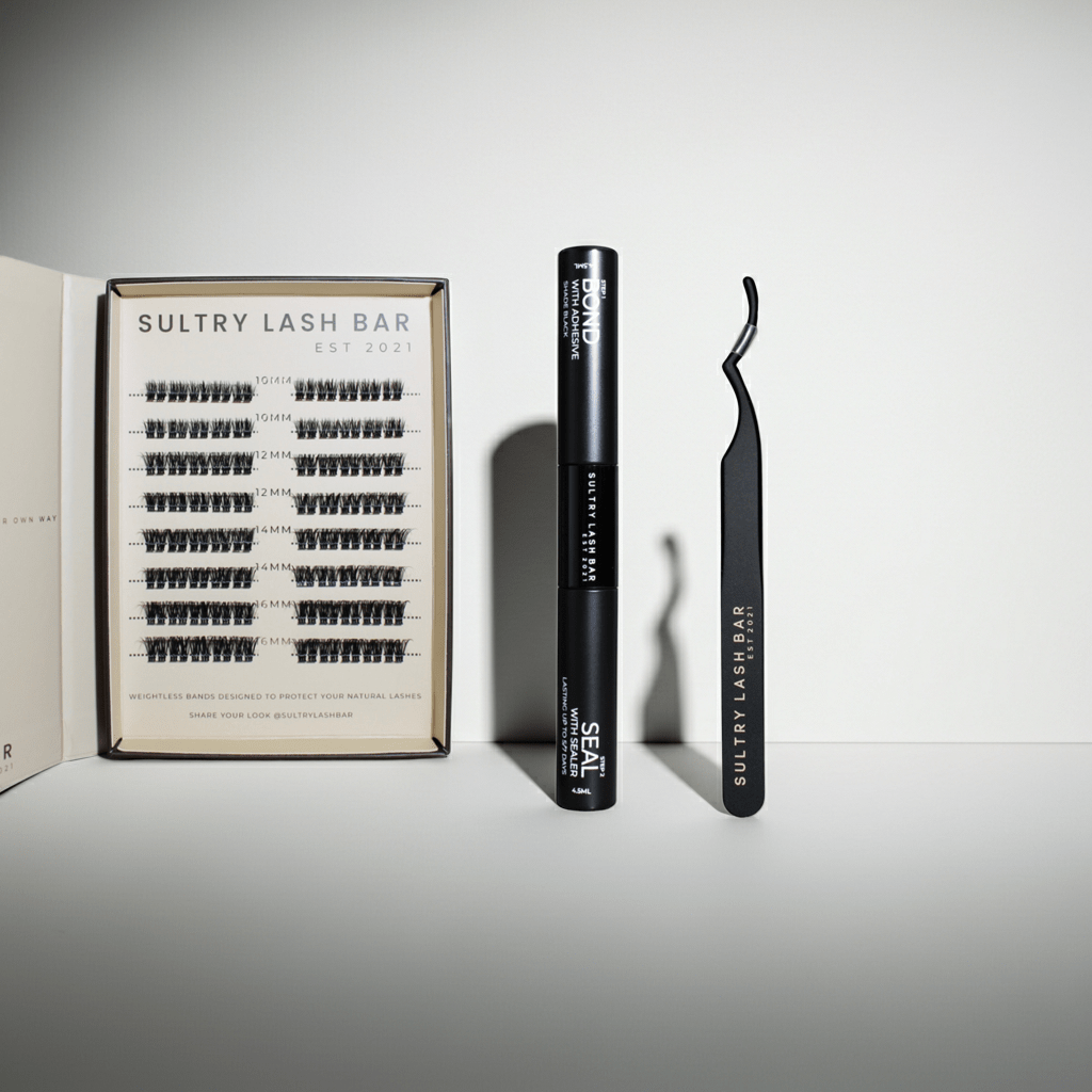 Sultry Lash Bar eyelash extension set with tools on a white background