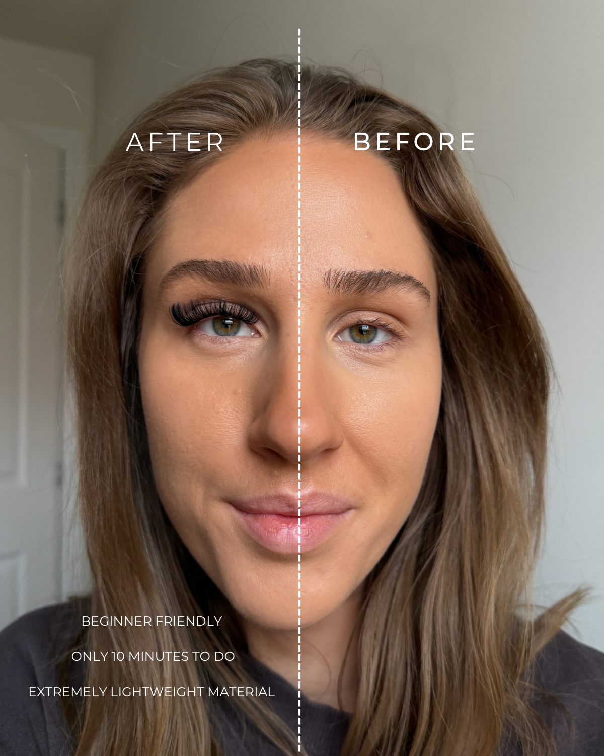 Before and after comparison of a woman's face with text indicating a makeup tutorial.