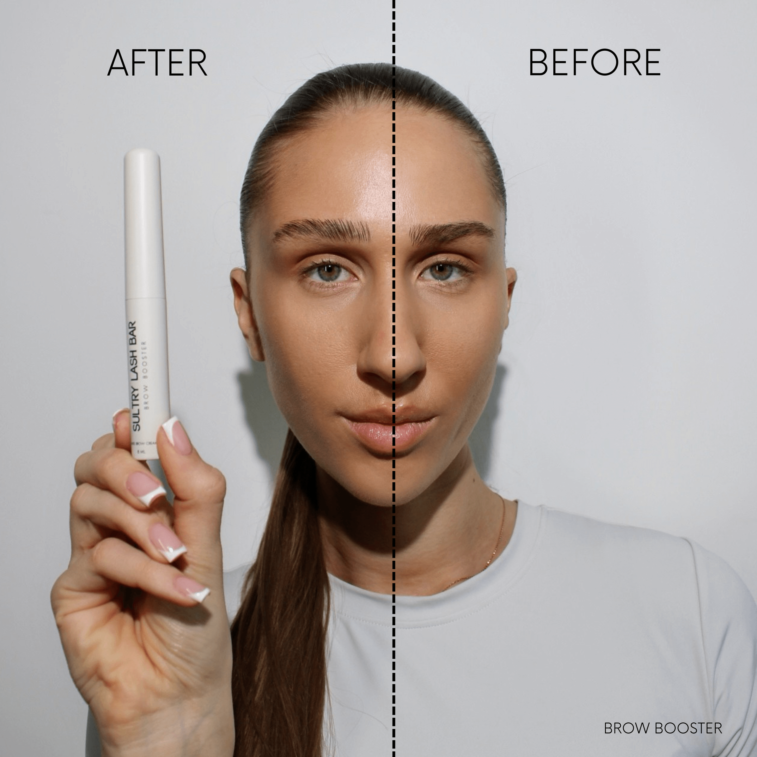 Before and after brow lamination with Brow Gel, showcasing strong hold and defined brows for a natural look.