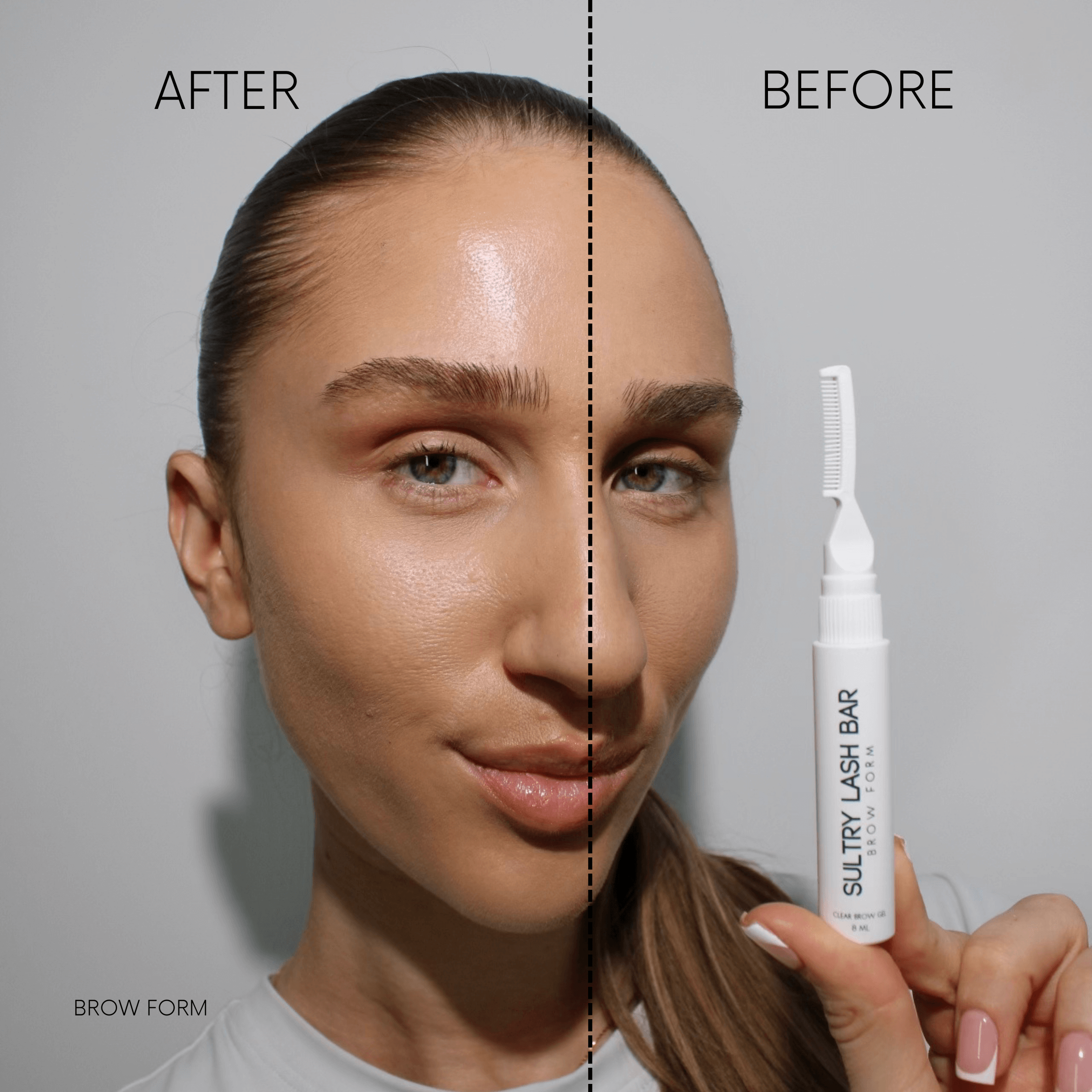 Before and after brow lamination using Sultry Lash Bar gel, showcasing strong hold and well-defined brows.