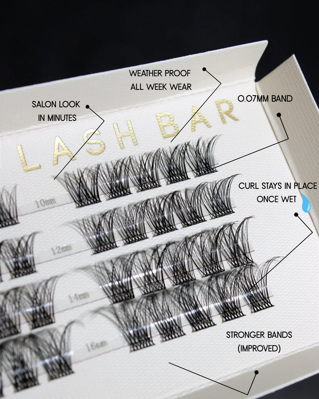 Lash Bar product packaging with false eyelashes and feature text on a white background