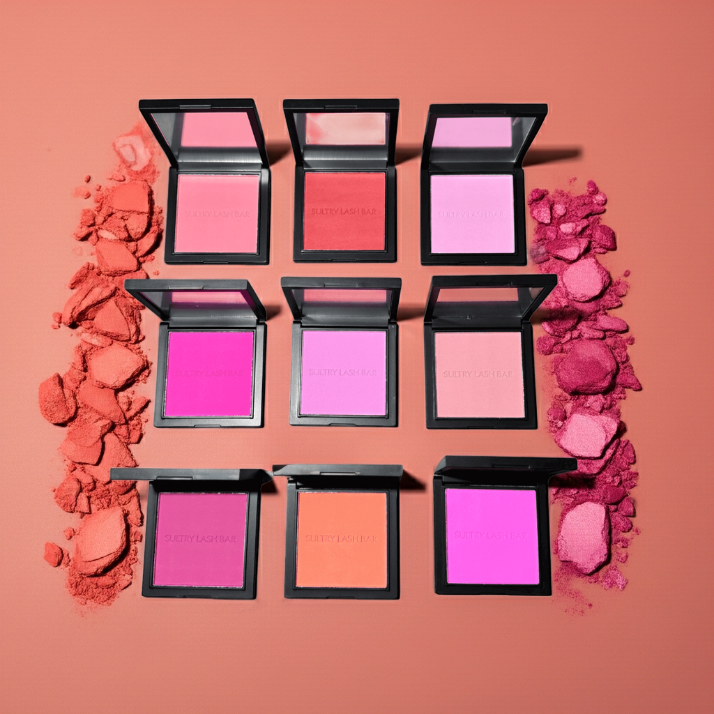 Various pink blushes in open cases with scattered blush on a pink background