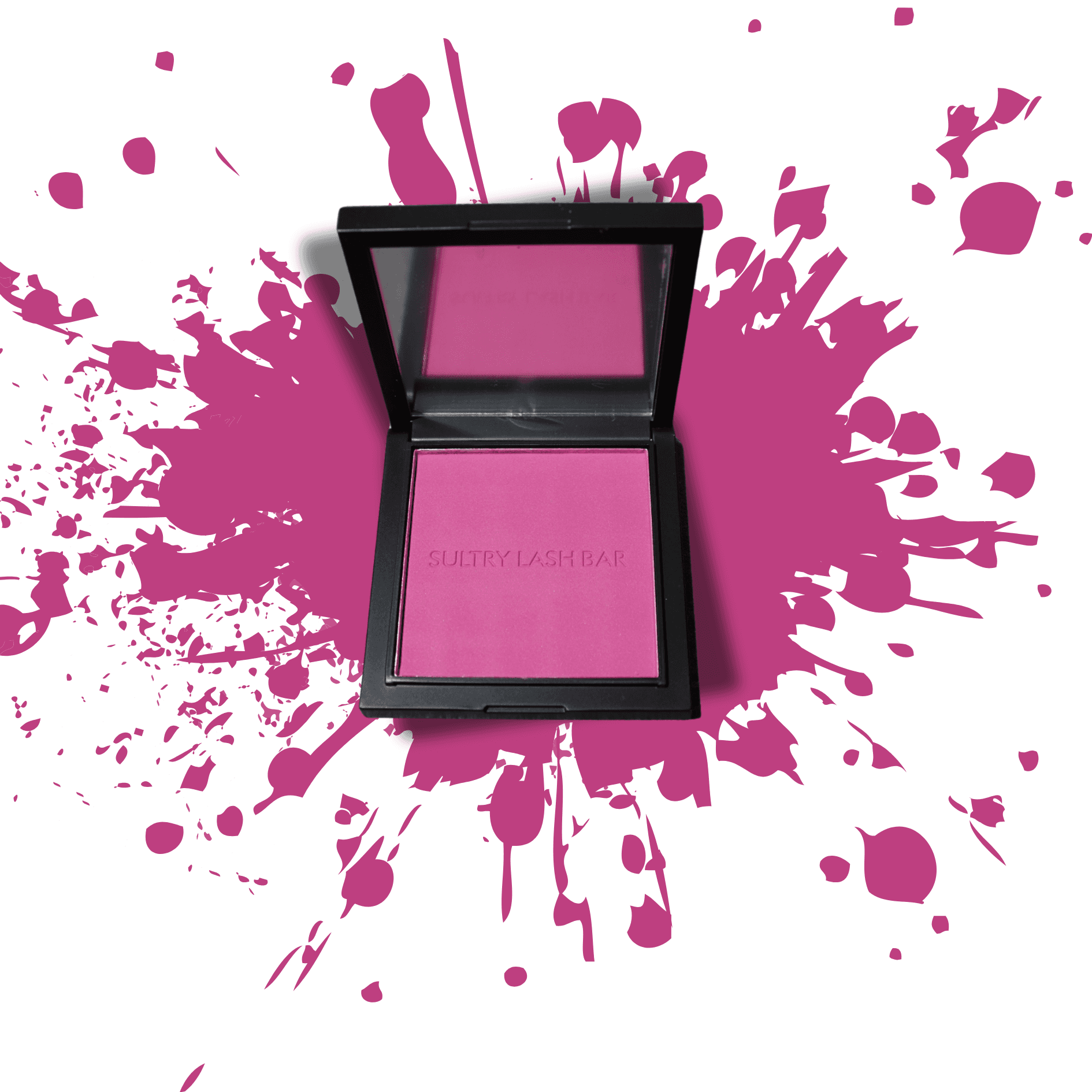 Magenta-toned blush with splash background, part of Sultry Lash Bar’s high-pigment, blendable and ethical makeup collection.