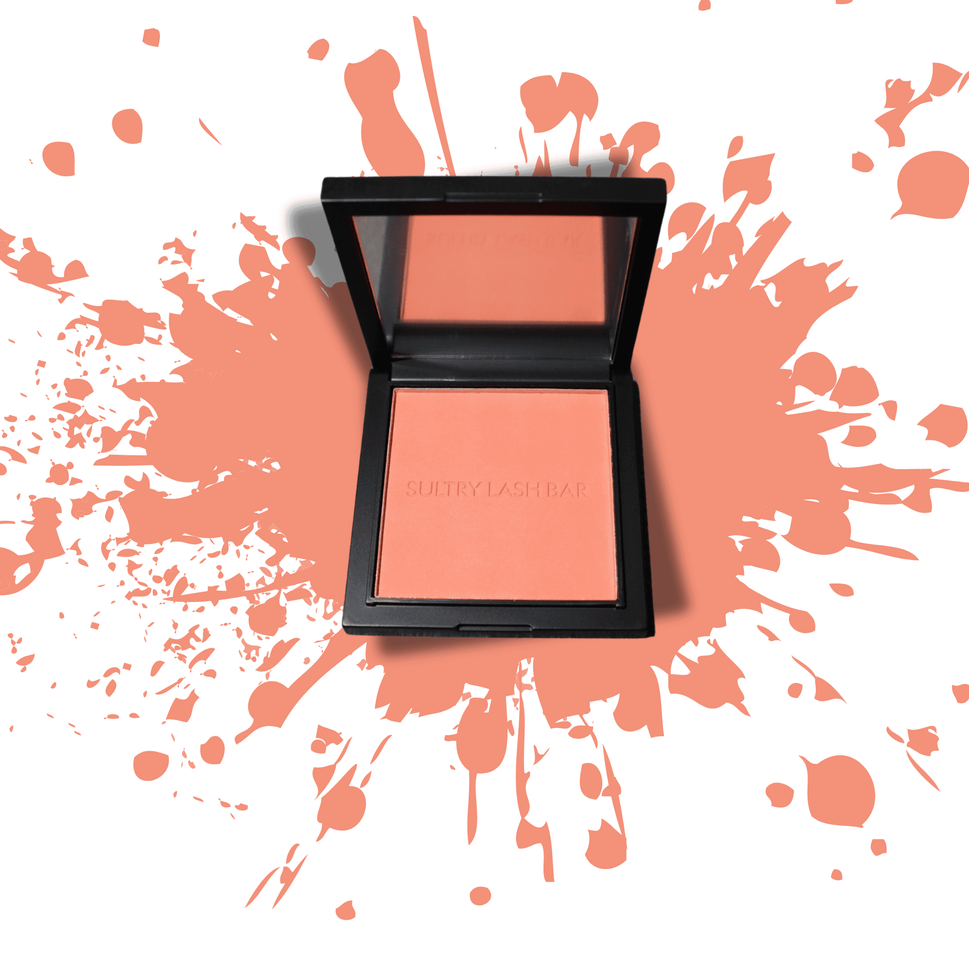 Peach-toned powder blush with splash effect background, offering a natural finish and buildable coverage for everyday wear.