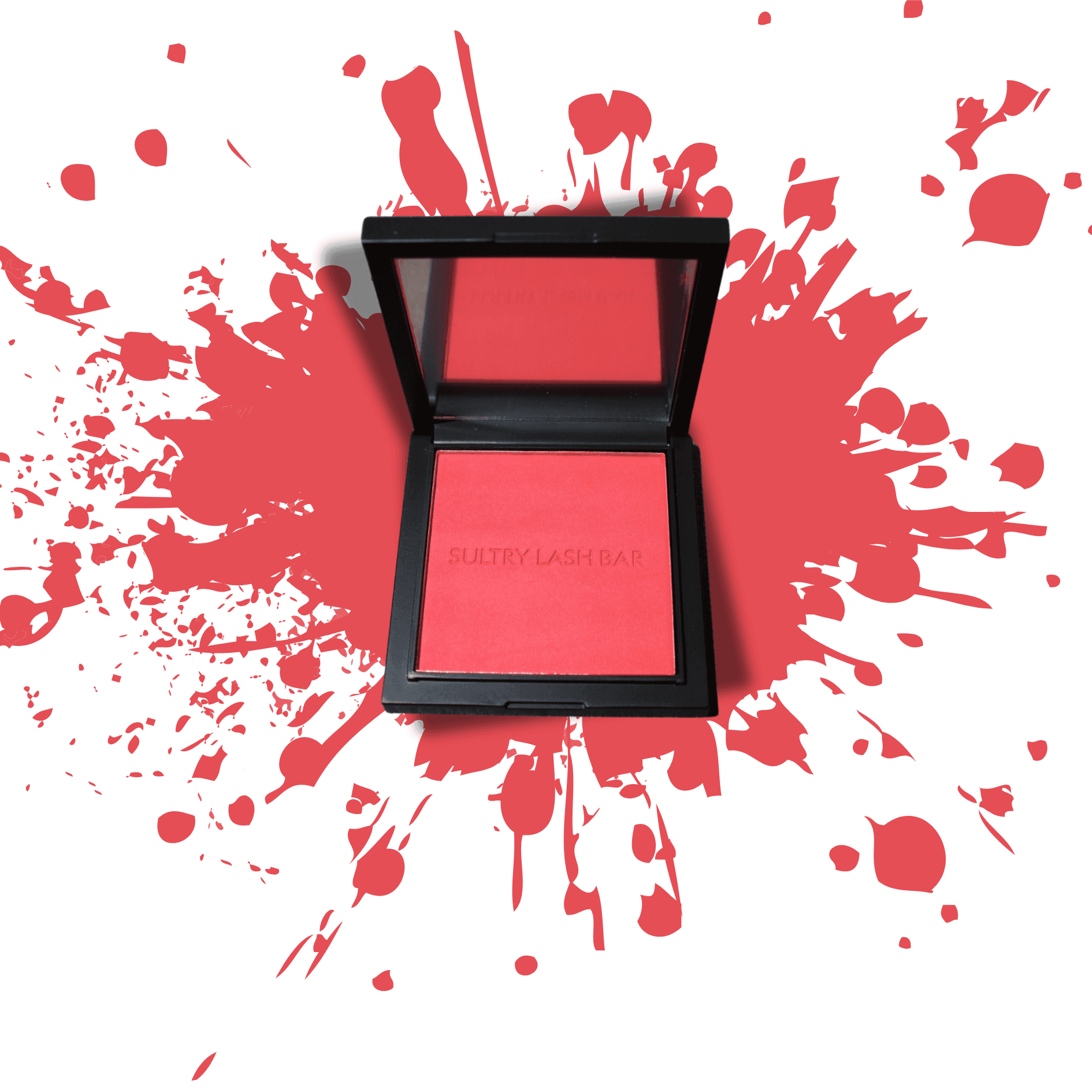 Vibrant red blush with splash background, offering intense pigment and long-lasting wear for bold beauty styles.