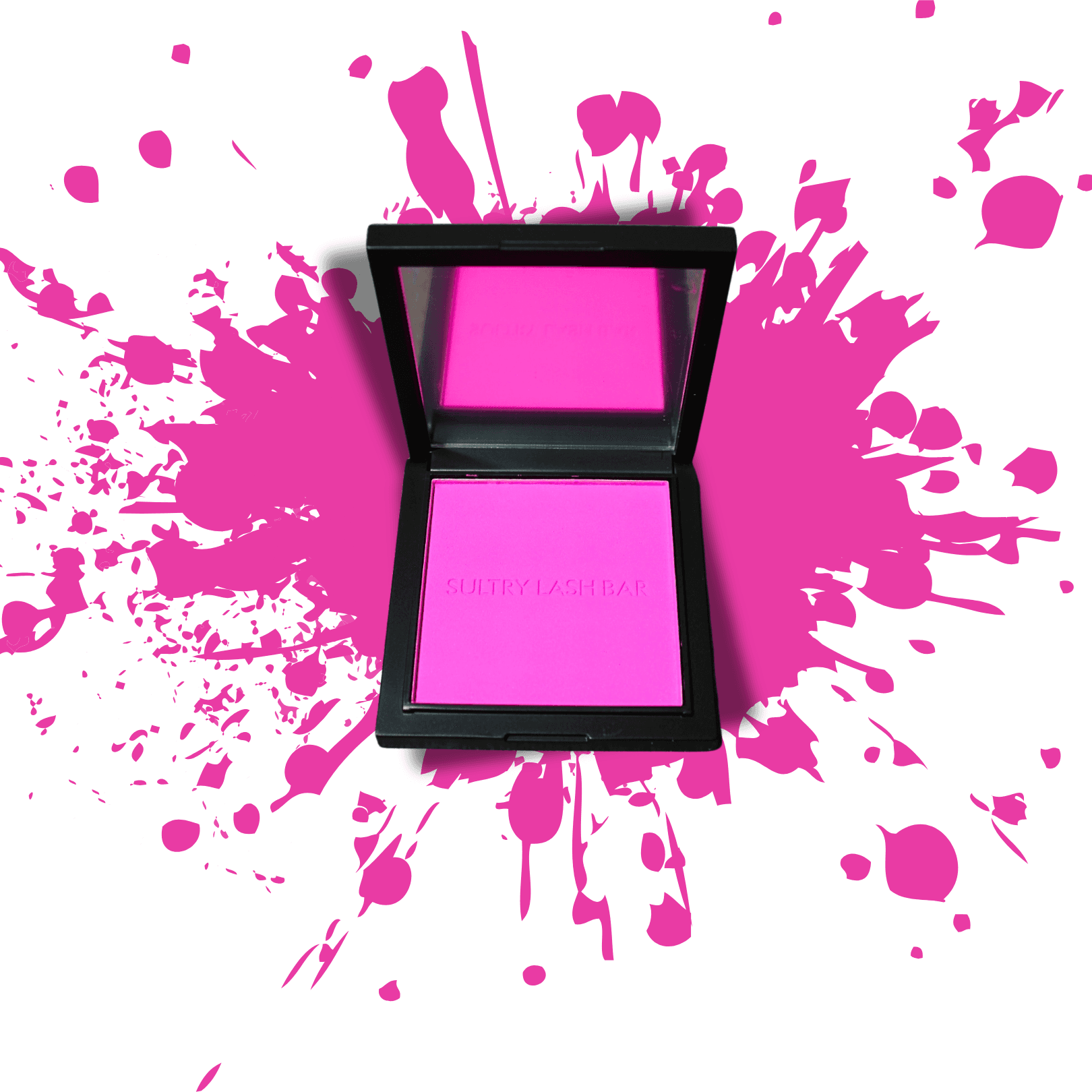Hot pink powder blush in open compact with splash background, showcasing bold, vegan-friendly makeup for vibrant looks.