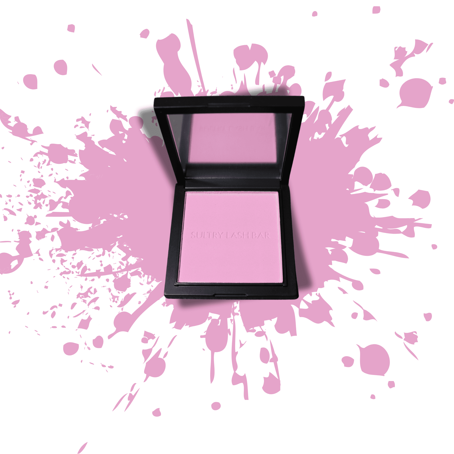 Pale pink powder blush with splash background, designed for a subtle, long-lasting glow and cruelty-free beauty routine.