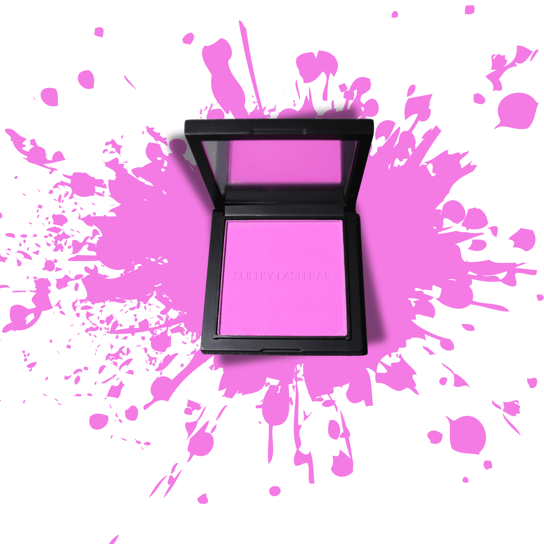 Bright pink high-pigment powder blush from Sultry Lash Bar with splash background, perfect for bold, long-lasting makeup looks.