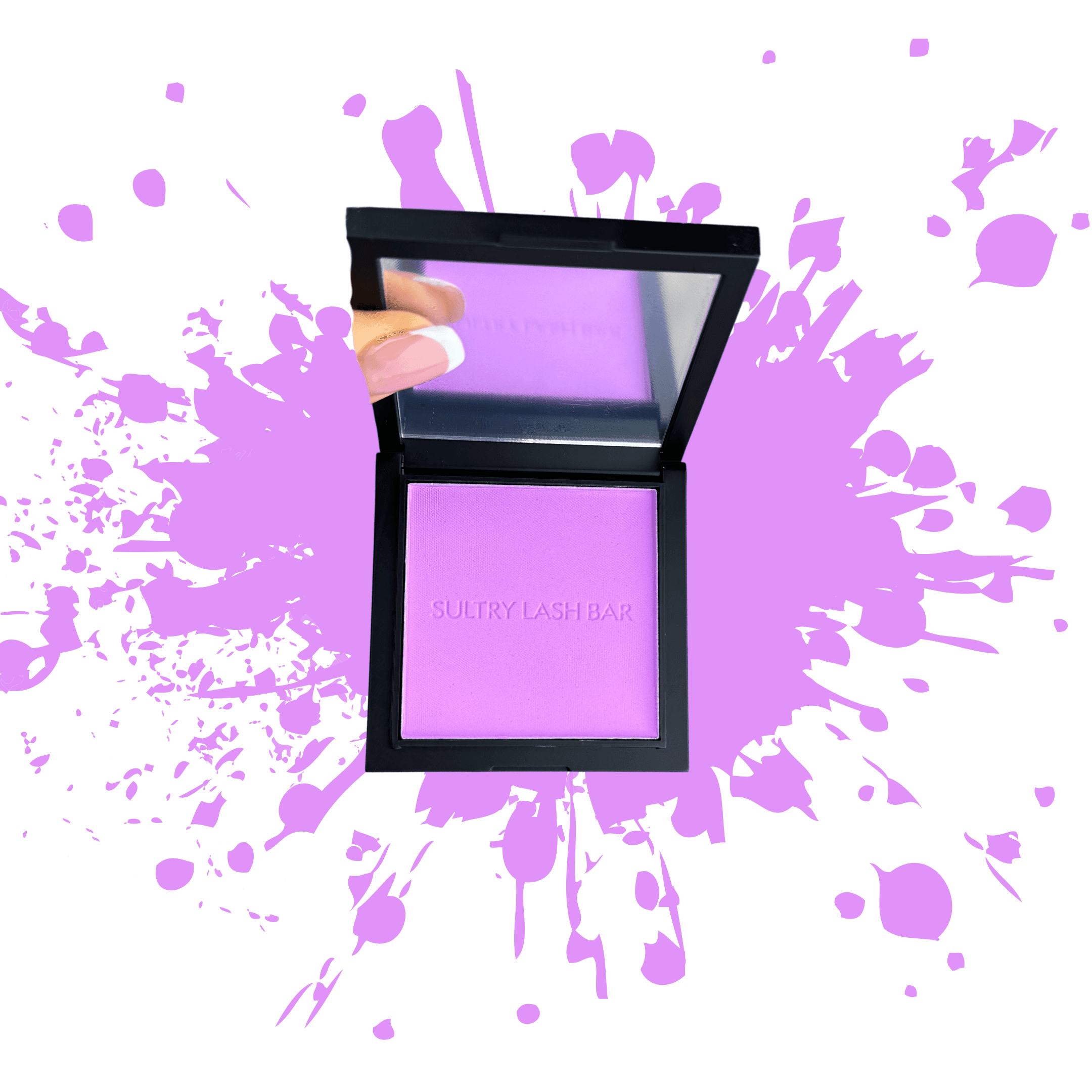 Lavender-toned powder blush with splash background, featuring a soft matte finish and vegan-friendly formula for gentle skin application.