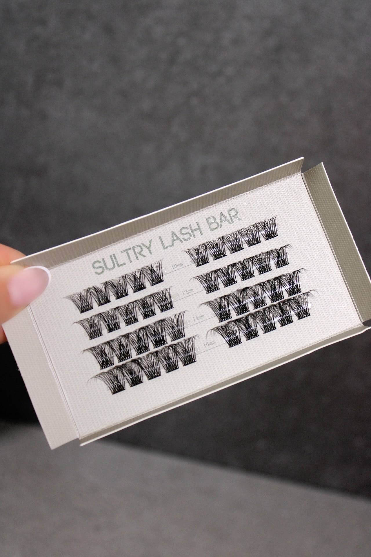 SL03 Long Lasting DIY Individual Eyelash Extensions in a Sultry Lash Bar packaging, showcasing various lengths of natural-looking lashes.
