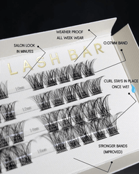 Lash Bar product packaging with false eyelashes and feature text on a white background