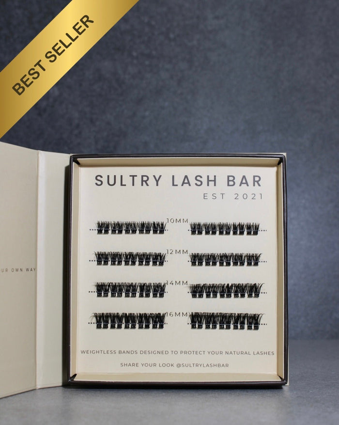 Sultry Lash Bar product display with lash options on a gray background