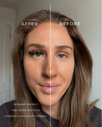 Before and after comparison of a woman's face with text indicating a makeup tutorial.