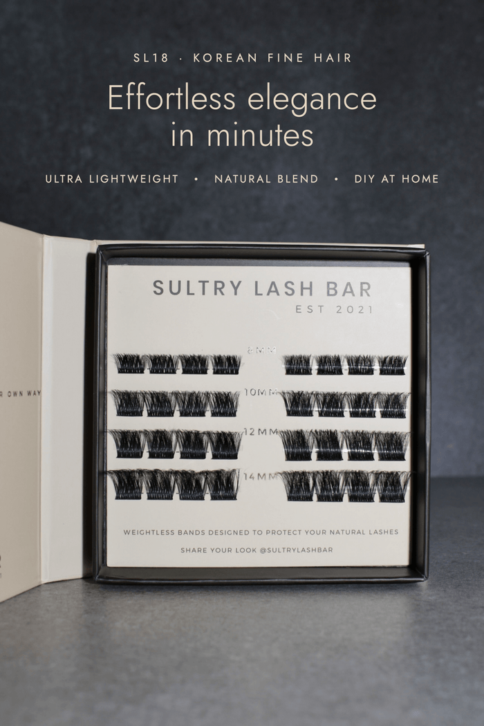 Sultry Lash Bar eyelash extension kit shown open on a dark gray surface, with multiple rows of black lash bands on a white tray and text above reading 'SL18 · KOREAN FINE HAIR Effortless elegance in minutes'.