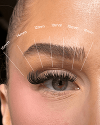 Eyelash extension measurement guide on a person's eye with labeled distances.